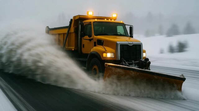Yellow snowplow truck clearing snowy highway with plow motion snow winter foggy forest
