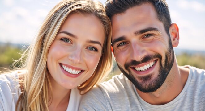 Close-up portrait of a happy young couple smiling together. Attractive man and woman showing healthy white teeth outdoors. Love and relationship concept
