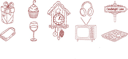 Vintage holiday home collection, hand drawn christmas cuckoo clock, retro television, cupcake, earmuffs, winter cookie tray, decor, vector illustration