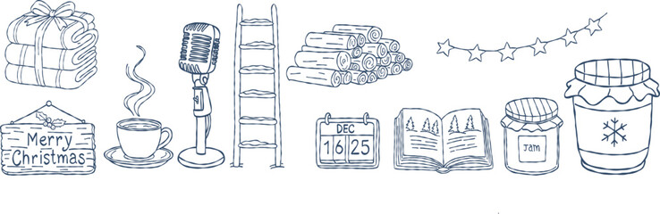Winter lifestyle clipart bundle, hand drawn christmas firewood pile, wooden ladder, jam jar, retro microphone, cozy holiday decor, vector illustration