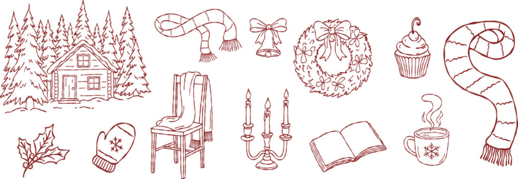 Winter cabin lifestyle collection, hand drawn forest cottage, christmas wreath, candle holder, scarf, cozy holiday home decor, vector