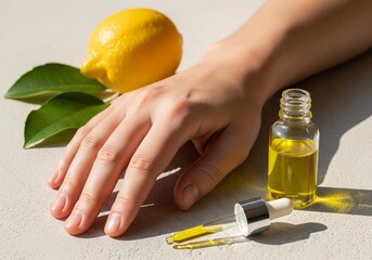 Hands applying lemon essential oil in warm natural light 