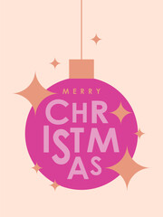 simple christmas card with pink hanging christmas ball and sparkles, isolated vector illustration, template for greeting cards, poster, invitation, banner