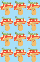 Obraz premium Seamless Vector Pattern with Red Amanita Mushrooms and Cute Caterpillars