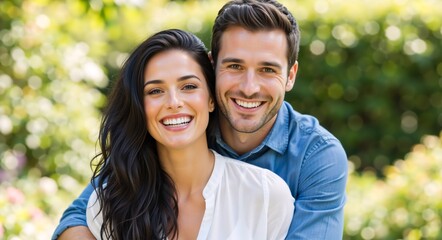 Fototapeta premium Portrait of a happy young couple smiling together outdoors. Attractive man embracing a woman with a perfect healthy smile