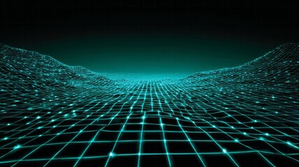 Glowing digital grid surface expands into a dark abstract horizon