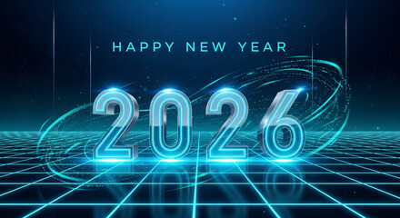 Happy New Year 2026 glowing neon lights in dark futuristic background