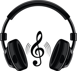 music listening, treble clef, headphones icon, sound waves, audio appreciation, black vector, musical symbol, entertainment theme, minimalist design, sound art