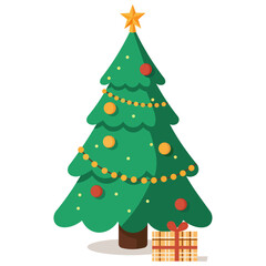 Festive Christmas Tree with Ornaments and Gift, Simple Flat Vector Illustration for Holidays