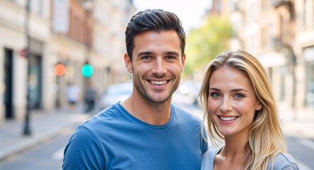 Obraz premium Happy young couple smiling at the camera on a city street. Portrait of an attractive man and woman in a loving relationship outdoors