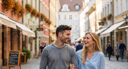 Obraz premium A happy young couple walking and smiling on a charming European city street. Man and woman enjoying a romantic travel vacation together. Tourism and sightseeing concept