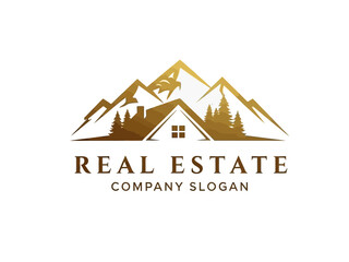 Golden real estate logo with mountain and house silhouette