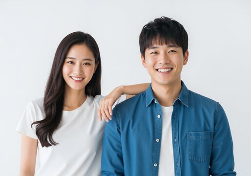 Portrait of a happy young Asian couple smiling together. Cheerful man and woman in a loving relationship posing against a white background with copy space