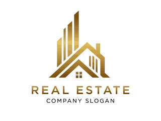 Modern gold real estate logo with house and skyscraper design