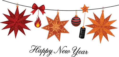 New Year celebration, festive ornaments, hanging stars, red bow, elegant decor, holiday greeting, colorful vector, seasonal joy, decorative string, celebration art