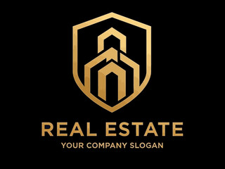 Elegant gold real estate logo on black background for property branding