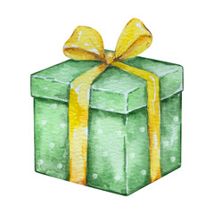 Watercolor Green Gift Box with yellow ribbon, Christmas illustration for holiday design.