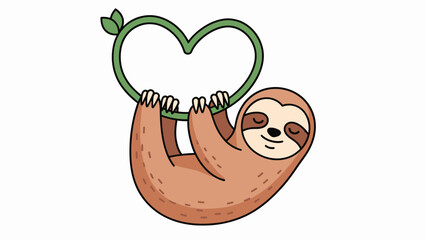 Sloth hanging from green heart shaped leaf.