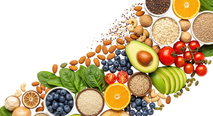 Healthy food options arranged on white background