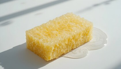 Close-up of a sponge soaked in clear water resting on a smooth surface.