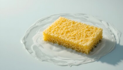 Close-up of a sponge soaked in clear water resting on a smooth surface.