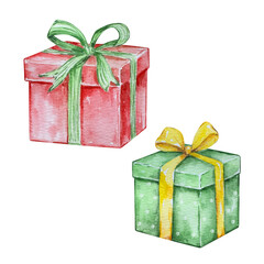 Watercolor Gift Box set, cute illustration for Christmas design.