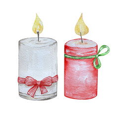 Watercolor White and Red candles set, cute illustration for Christmas design.