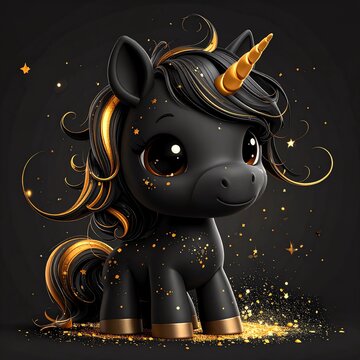 schwarzes Einhorn mit goldenen Effekten vor einem schwarzen Hintergrund