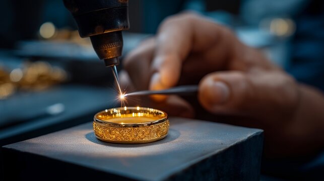 A jeweler using a micro-laser welding tool to repair a delicate gold ring, pinpoint heat illuminating the fine metalwork &mdash; luxury craftsmanship, precision jewelry repair, and high-end restoration