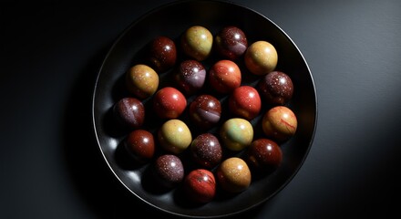 Top-Down View of Small Chocolate Pralines on Dark Ceramic Dish, Sharp Lighting