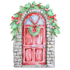 Watercolor Winter Door, cute illustration for Christmas design.