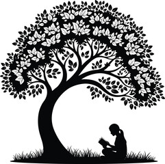 reading under tree, silhouette art, peaceful nature, book lover, black and white vector, tranquil moment, education theme, personal growth, serene design