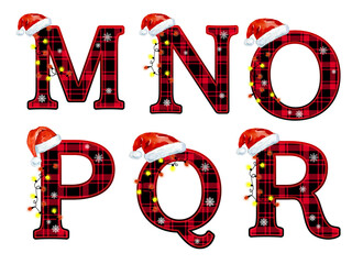 Red Plaid Christmas Alphabet with Santa Hat for holiday design.