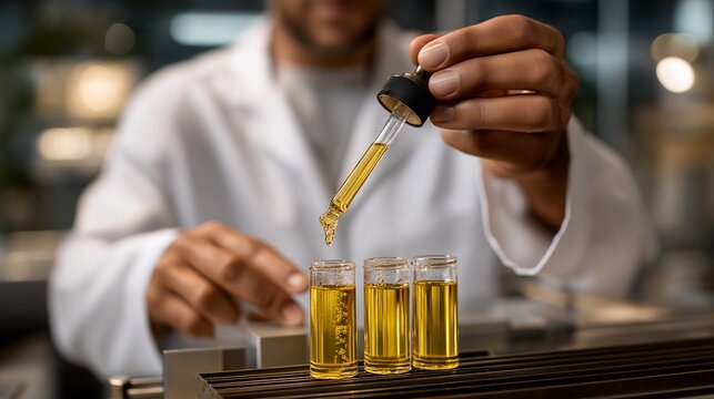 A chemist pouring a golden antioxidant serum into glass vials as robotic equipment assists with precision filling &mdash; anti-aging product manufacturing, sterile lab workflow, and high-tech skincare