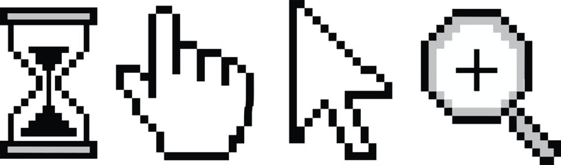 Vintage pixel art computer cursors set featuring hourglass, hand pointer, arrow and magnifying glass icons, retro 8-bit digital interface vector illustration on white
