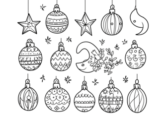 Collection of simple line art Christmas ornaments and festive elements isolated on a transparent background