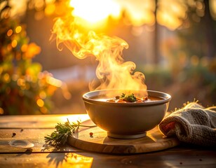Delicious homemade soup outdoor kitchen food photography golden sunset close-up culinary comfort
