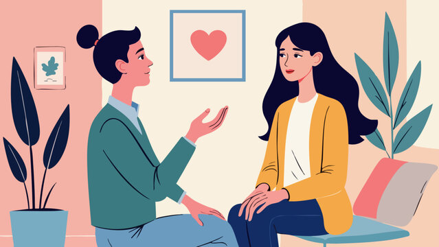Vector illustration of a person talking to a therapist in a safe, calm space, emphasizing mental health support.