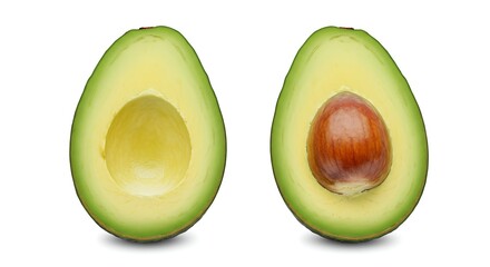 Whole Avocado Cut in Half on White Background, Clean Healthy Food Image
