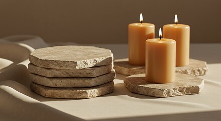 Stacked Stone Coasters and Candles on Linen, Warm Natural Texture Arrangement