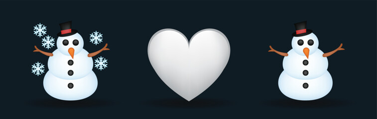 White color heart, snowman with snowflakes vector emoji illustration