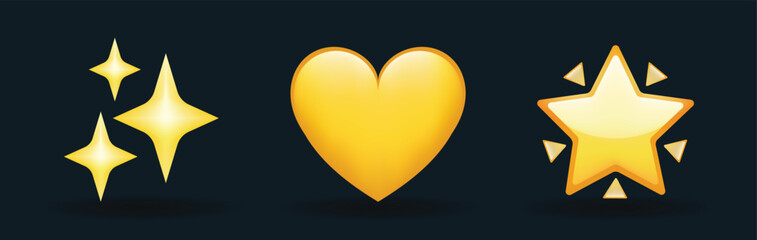 Yellow color heart and golden stars vector emoji illustration set