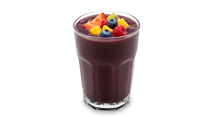 Dark Berry Smoothie in Glass with Fruit Garnish on White Background