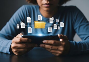 Person using smartphone with digital folder and document icons floating above the screen