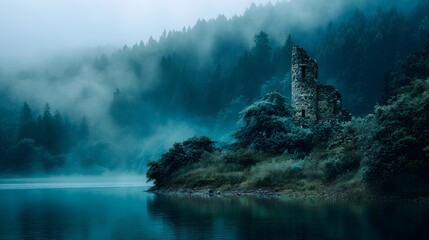 Ancient stone ruin stands isolated beside a misty, dark blue lake surrounded by dense forest