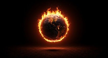 Burning Globe Symbolizing Climate Change on Dark Background, Dramatic Concept