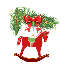 A red horse Christmas tree toy with a fir branch isolated on a white background