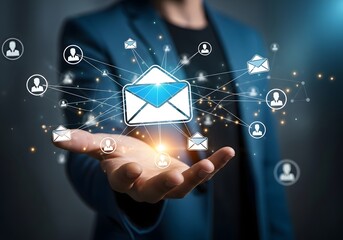 A person holding an email icon with connections to other people icons in a digital space