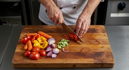Top-Down View of Hands Slicing Vegetables on Wooden Board in Professional Kitchen