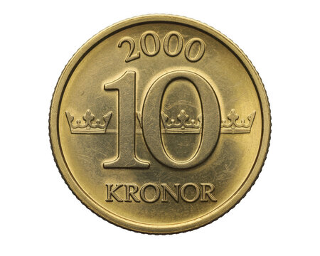 Gold 10 kronor coin with crown gold coin currency isolated on a transparent background